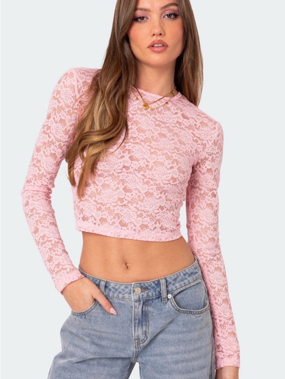 Edikted Pink Lace Long-Sleeve Crop Top